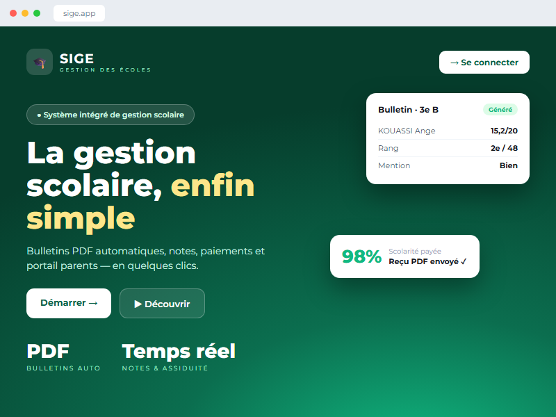Aperçu de SIGE — Gestion des écoles